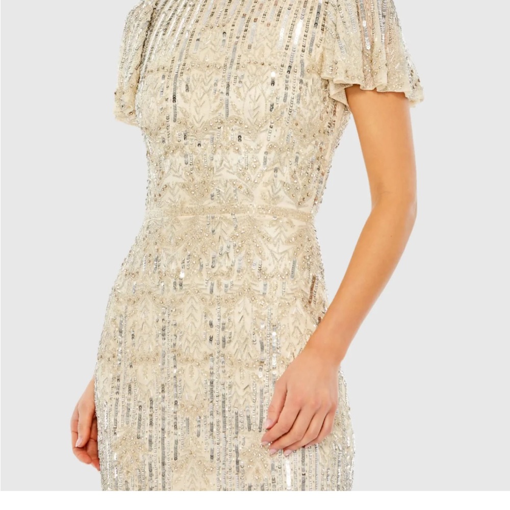 New Mac Duggal Beige & Silver embellished flutter sleeve high neck dress size 10 - Picture 3 of 11